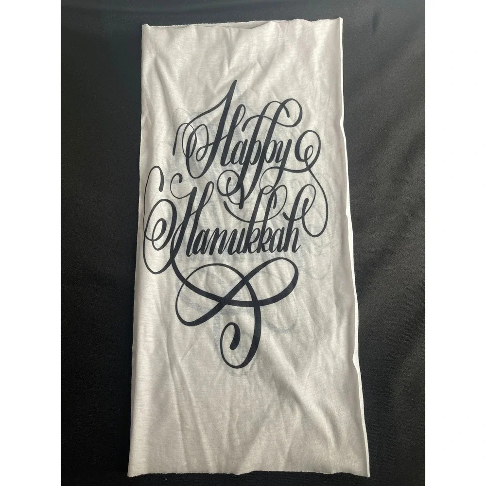 Happy Hanukkah Script Graphic White Tube Scarf Neck Gaiter Holiday Festive